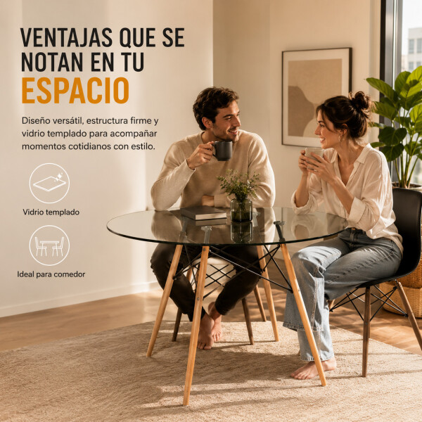 Mesa Comedor ComboHome Eames Redonda Vidrio 100 Cm Premium Transparente