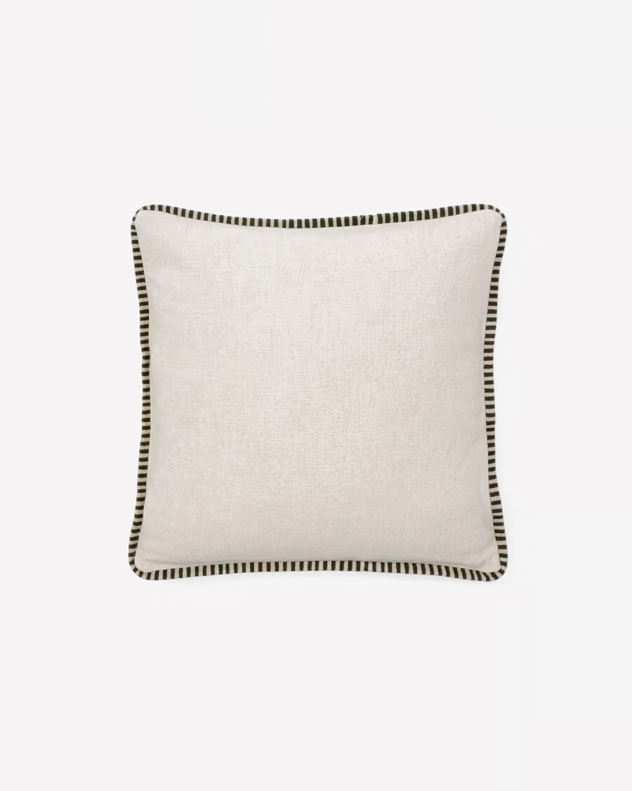 Almohadón Ardit de lino y algodón beige con raya bordada a contraste verde 45 x 45 cm