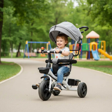 Coche Triciclo A Pedal C/ Guía, Capota Y Accesorios Gris