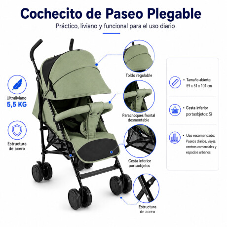 Coche Paraguitas Bebe Reclinable Plegable Compacto 8 Ruedas Verde Claro