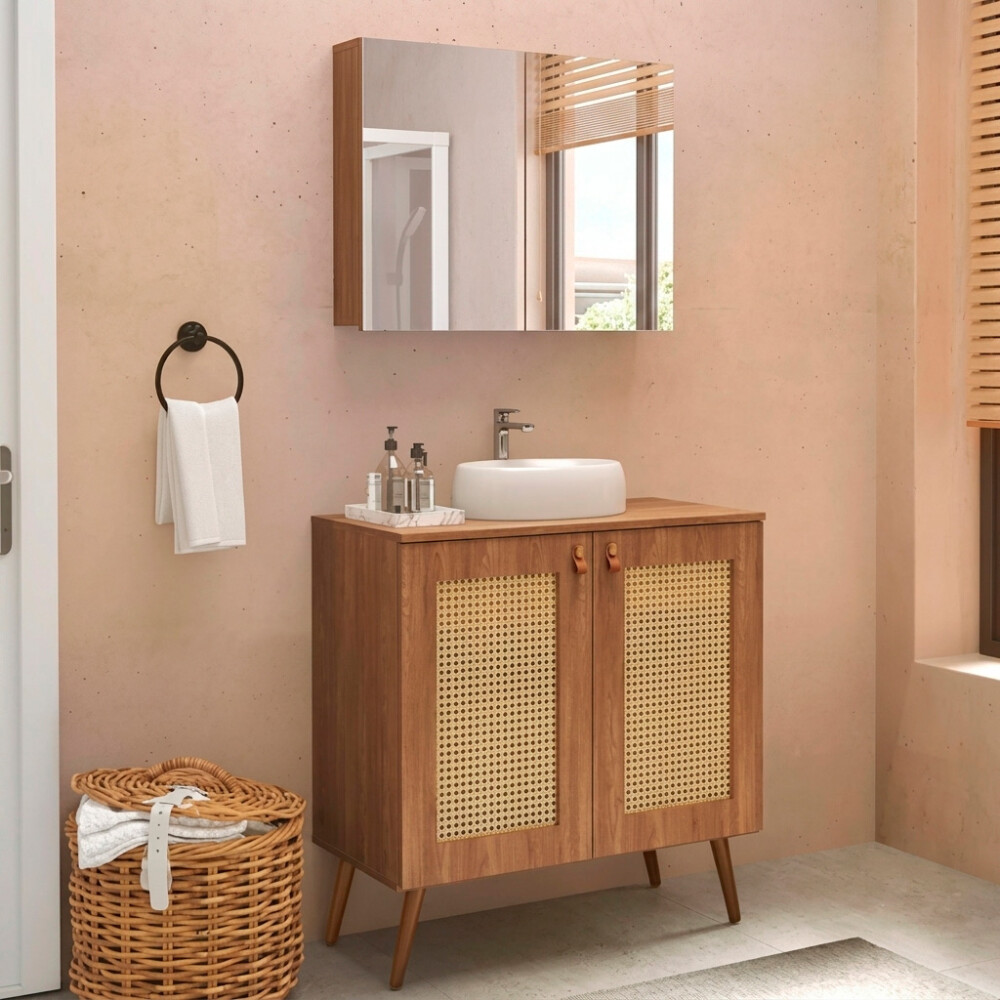 CONJUNTO DE BAÑO MODELO TREVISO COLOR CARVALHO / MUEBLE + BACHA + ESPEJO / 80 CM Conjunto De Baño Modelo Treviso Color Carvalho / Mueble + Bacha + Espejo / 80 Cm