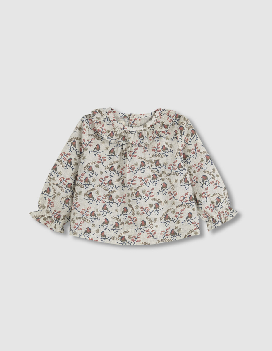 Blusa Manga Larga Estampado Pajaritos - Crudo 