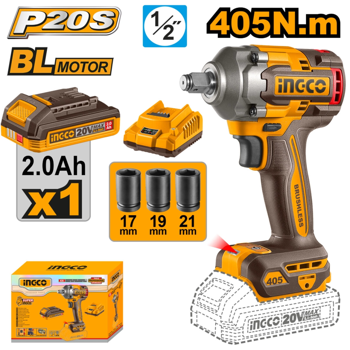Llave de Impacto INGCO a Bateria 20V 405NM 2 Dados 17 19 21MM - Incluye Bateria 2.0AH y Cargador 