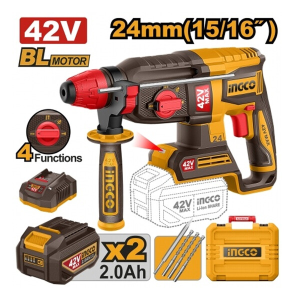ROTOMARTILLO A BATERIA 42V 24MM SDS PLUS 2.4J INGCO+3 MECHAS+1 CINCEL+2 BAT 2.0A ROTOMARTILLO A BATERIA 42V 24MM SDS PLUS 2.4J INGCO+3 MECHAS+1 CINCEL+2 BAT 2.0A