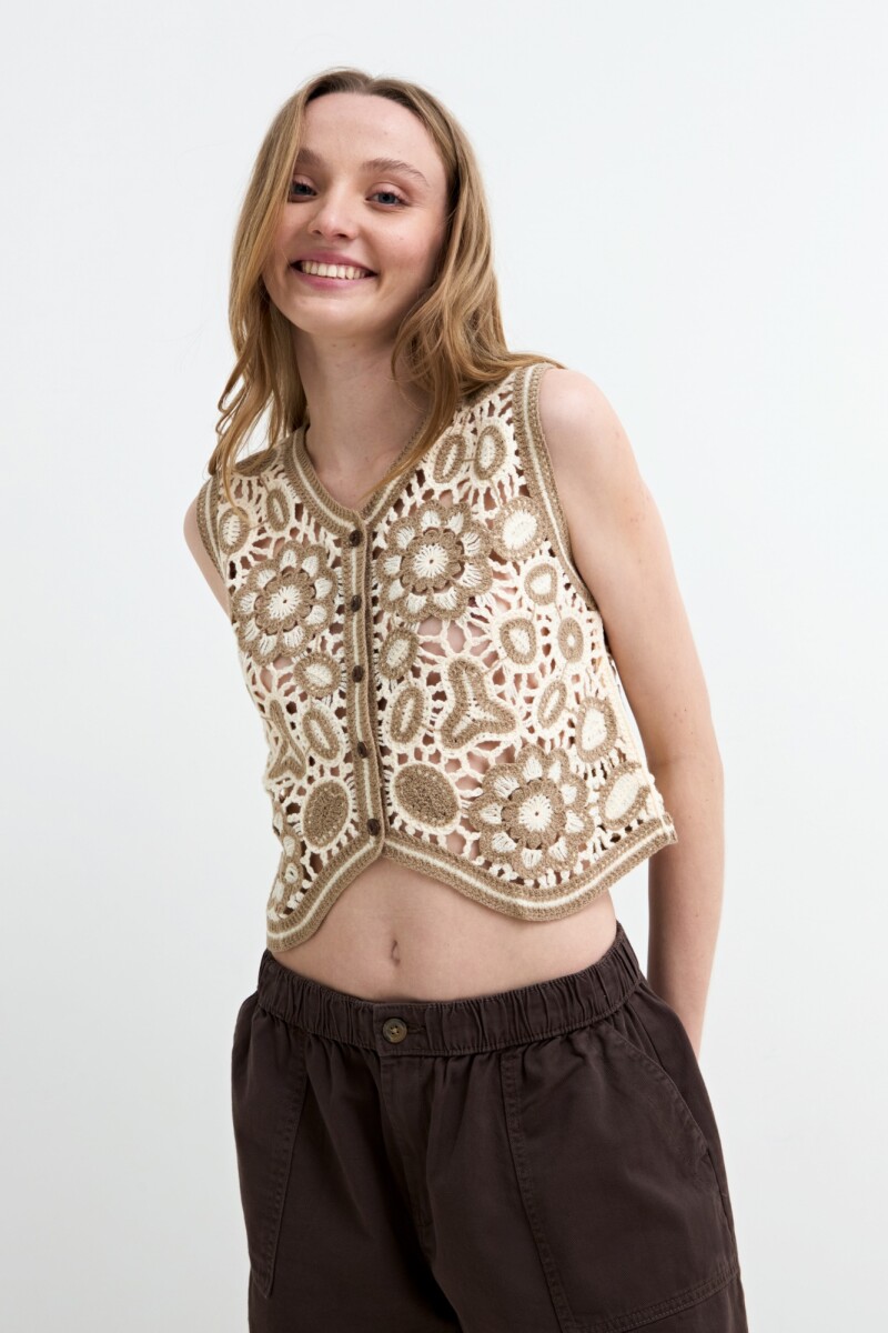 Chaleco crochet calado floral - Beige 