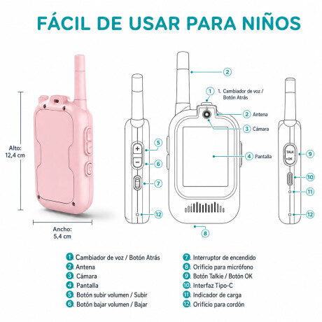 Walkie Talkies Para Niños Recargables 10m Con Pantalla 2 Pul Celeste/rosa