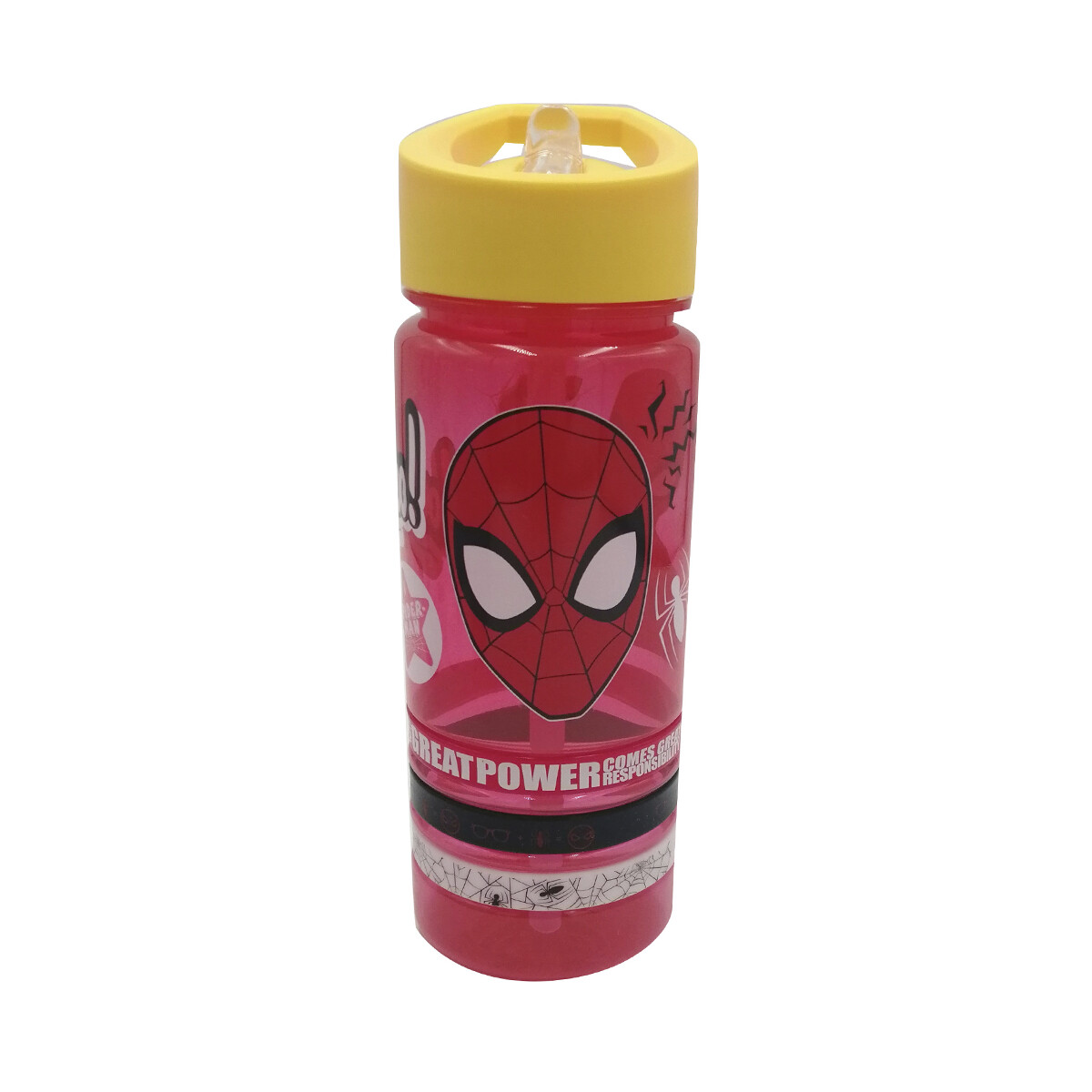Botella Plástica con Pajita Spiderman 500 ml + 3 Pulseras Goma 