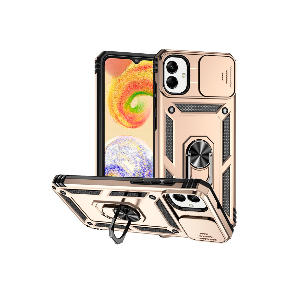 Protector Samsung Galaxy A05 con cubre cámara y anillo color dorado 