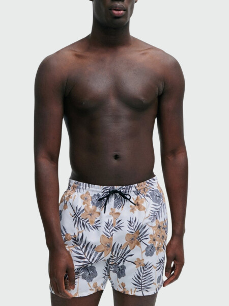 Hugo Boss - Shorts de baño de secado rápido con estampado tropical y placa con logo, PIRANHA Blanco
