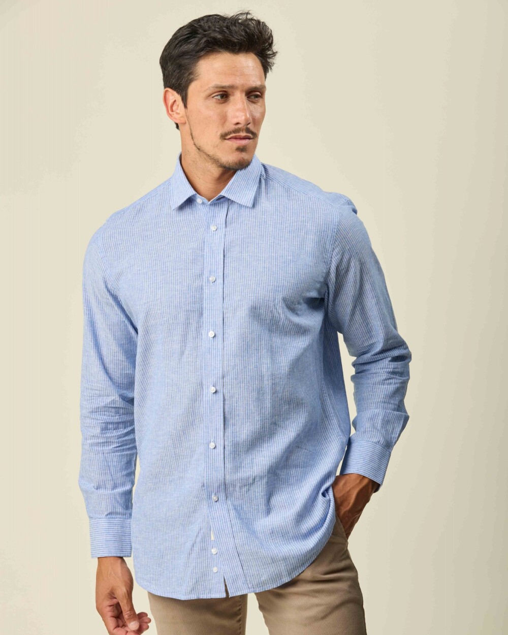 Camisa Lino Algodón Manga Larga Celeste Rayas