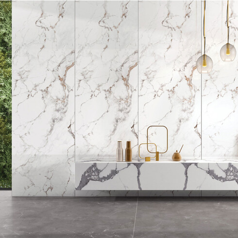 Porcelanato Blanco Marmolado Brillo 800X3000X150Mm GAMAS DE BLANCO