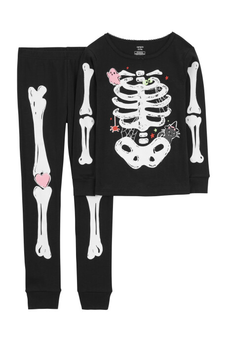 Pijama dos piezas de algodón, diseño esqueleto resplandeciente con fantasma y gato de Halloween. Talles 6-8 Sin color