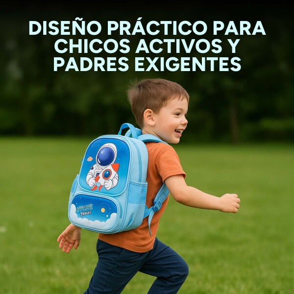 Mochila Escolar Infantil Celeste De Astronauta 3D Niño Color Celeste