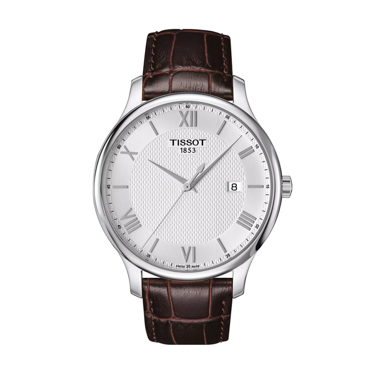 Reloj Tissot Tradition con esfera plata y correa de cuero marrón 