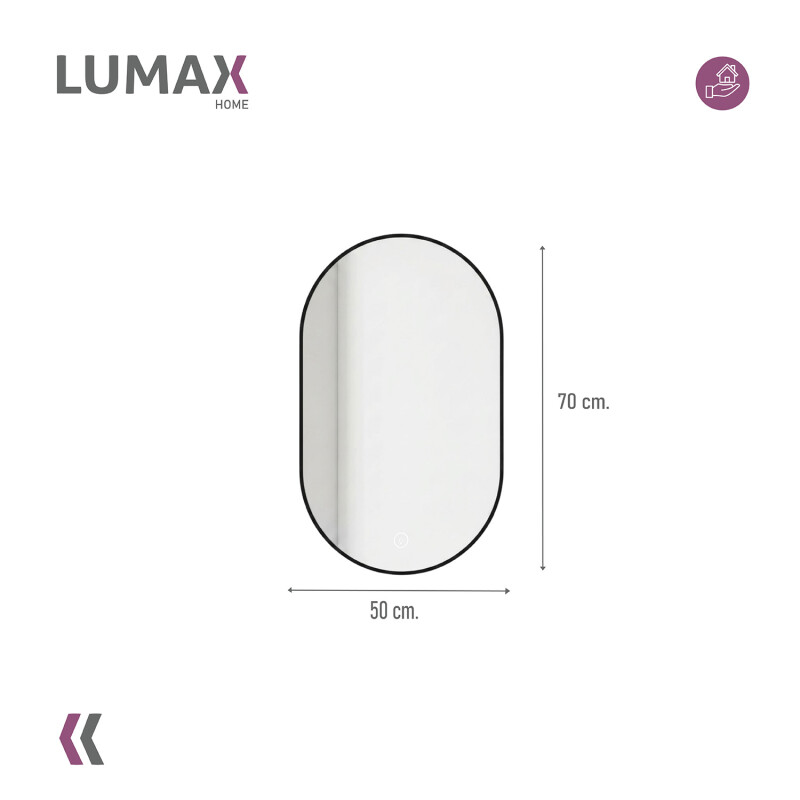 Espejo Vertical Lumax Moddy Marco Ovalado y Luz Led 50x70cm Negro