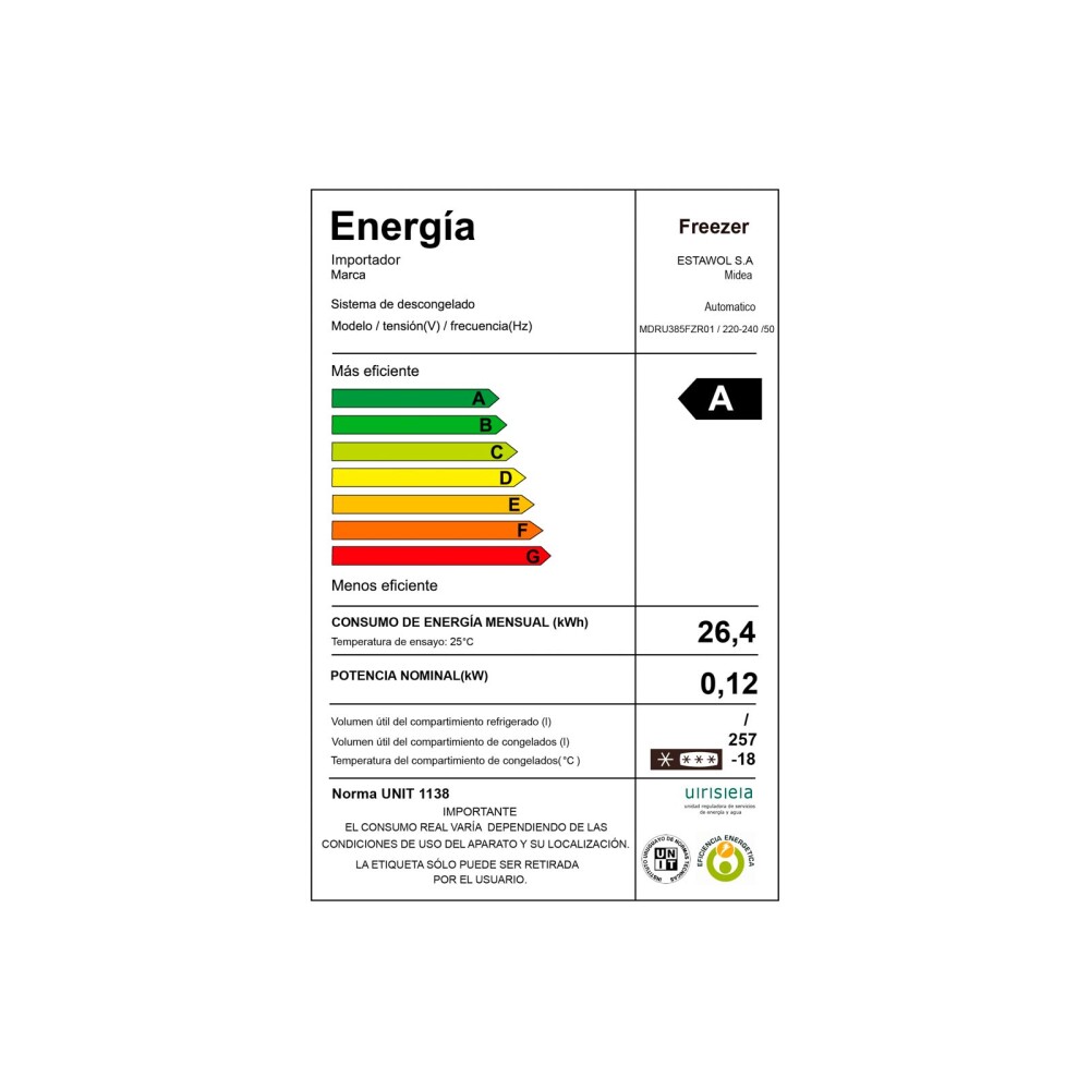 FREEZER MIDEA 257-LITROS BLANCO MDRU385FZR01