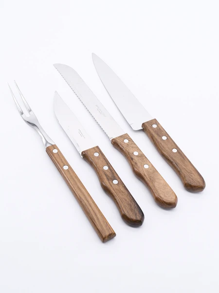 CUCHILLOS ASADOR CON TENEDOR SET X 4 MARRON