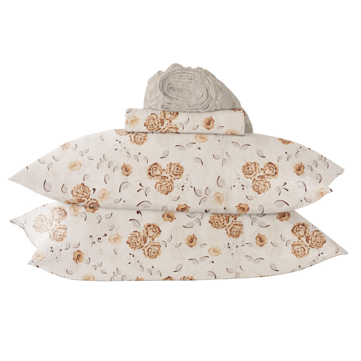 Juego de Sabanas 2 Plazas Suaves Estampado Calidad Frescas - Variante Diseño Flores Color Beige 