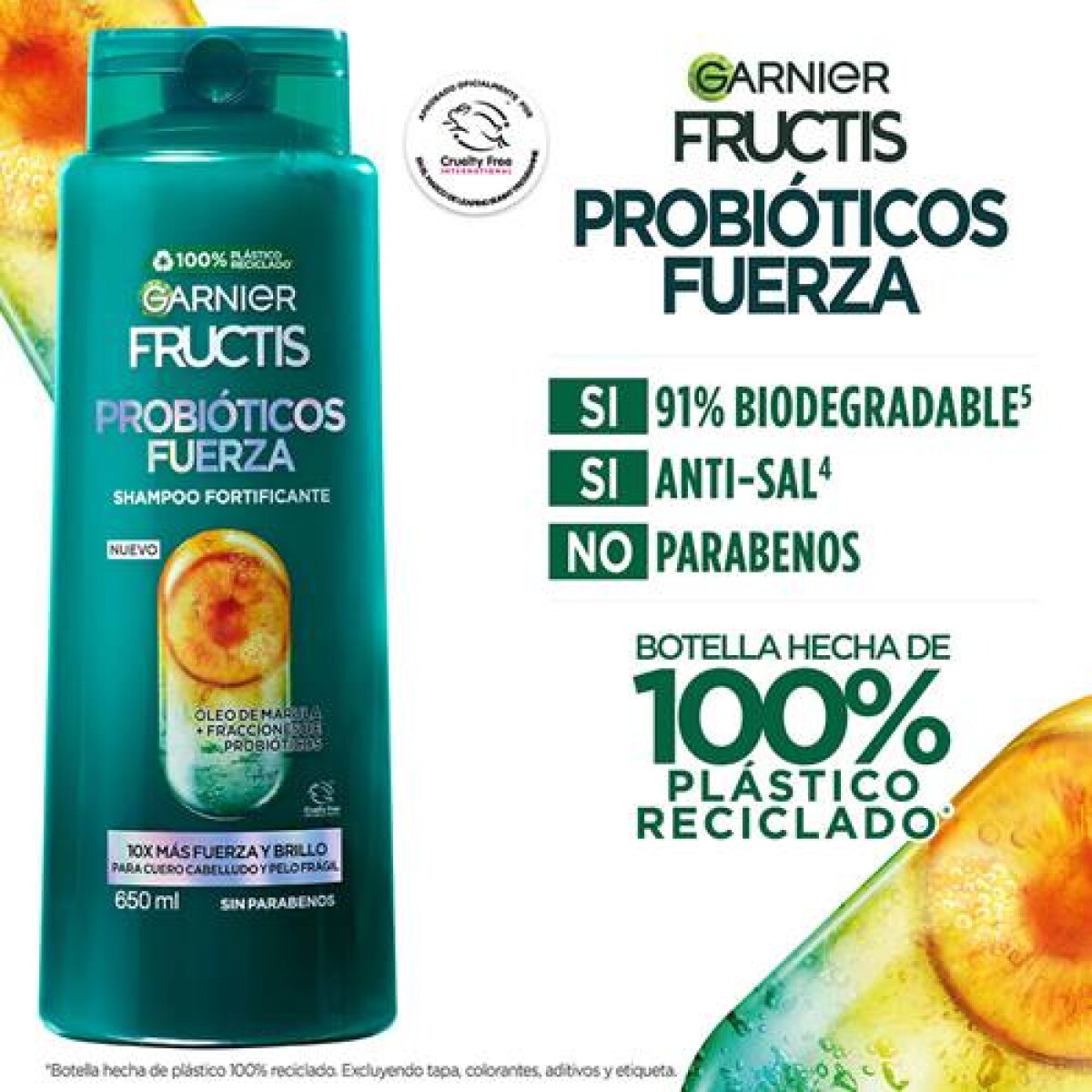 Garnier Fructis Shampoo Probióticos Fuerza 350 ml | Limpieza y Fortalecimiento Capilar