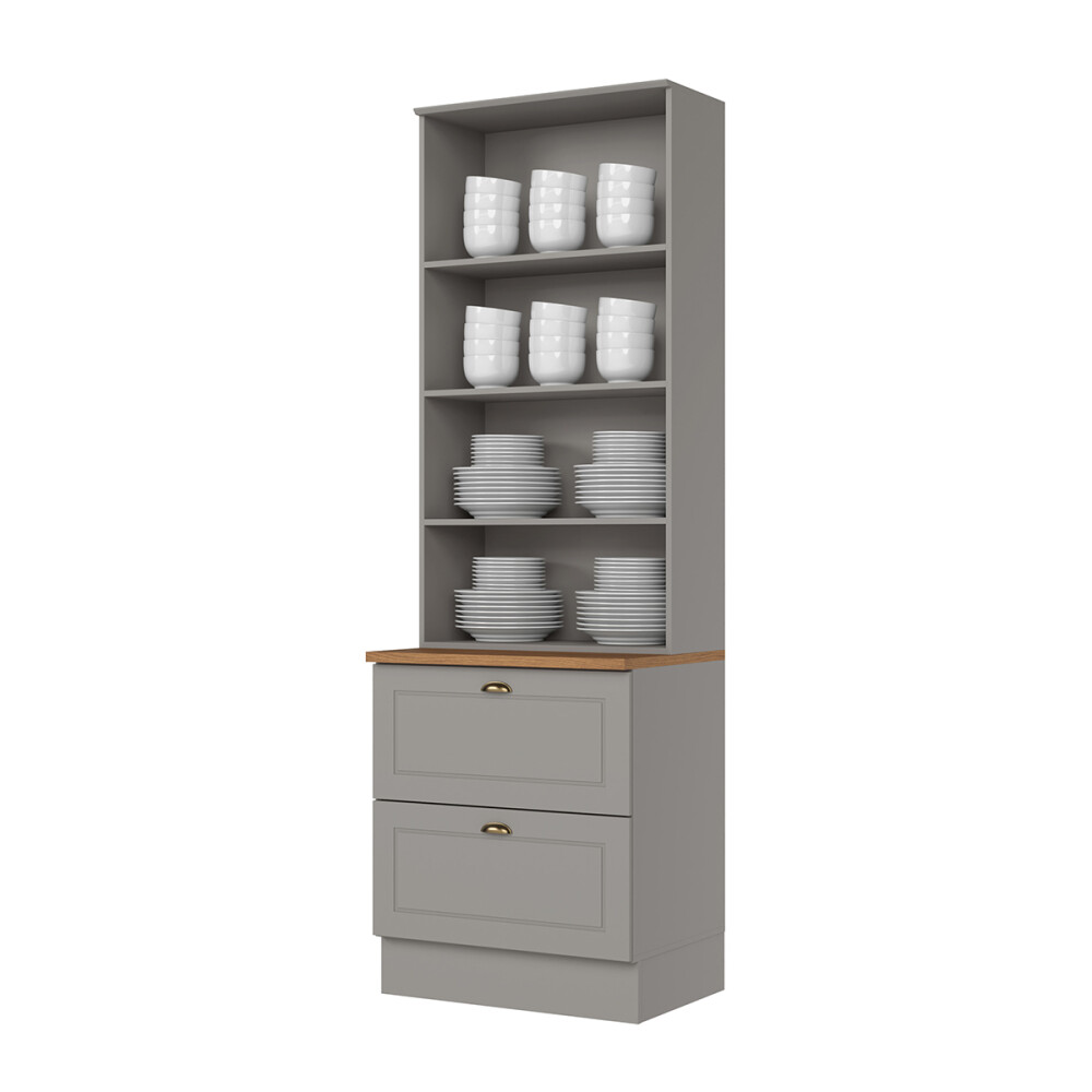 PANELERO TORRE 2 PUERTAS EN VIDRIO 2 CAJONES ARMARIO CON ESTANTERÍA - LINEA AMERICANA GRIS