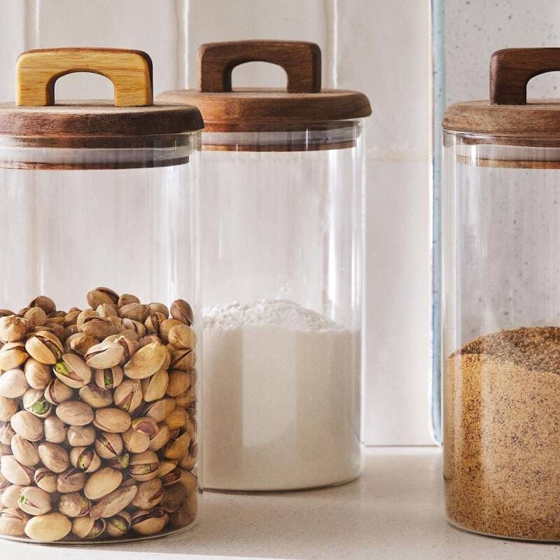 Frasco contenedor de vidrio tapa madera con manija 1300ml