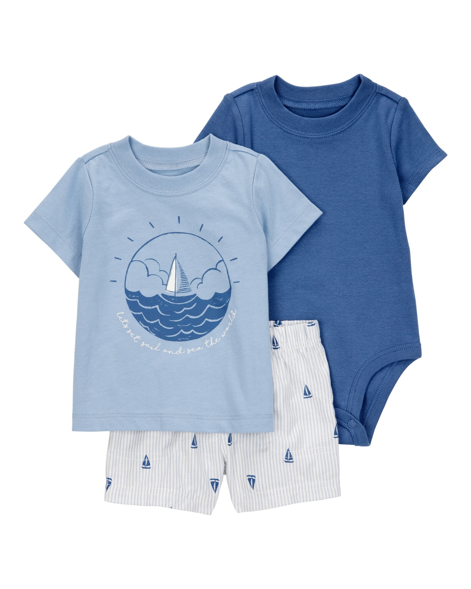 Set tres piezas de algodón, short, remera y body, diseño velero Sin color