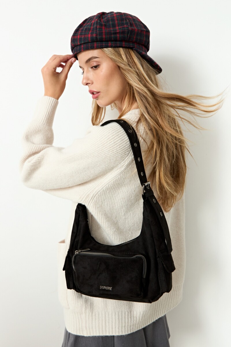 Cartera de hombro suede bolsillos - negro 