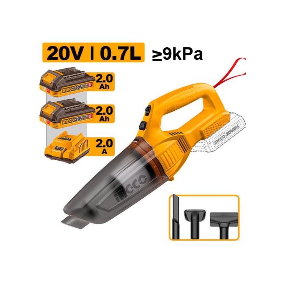 Aspiradora de Mano Inalámbrica INGCO CVLI201582 20V 0,7 L con 2 Baterías 