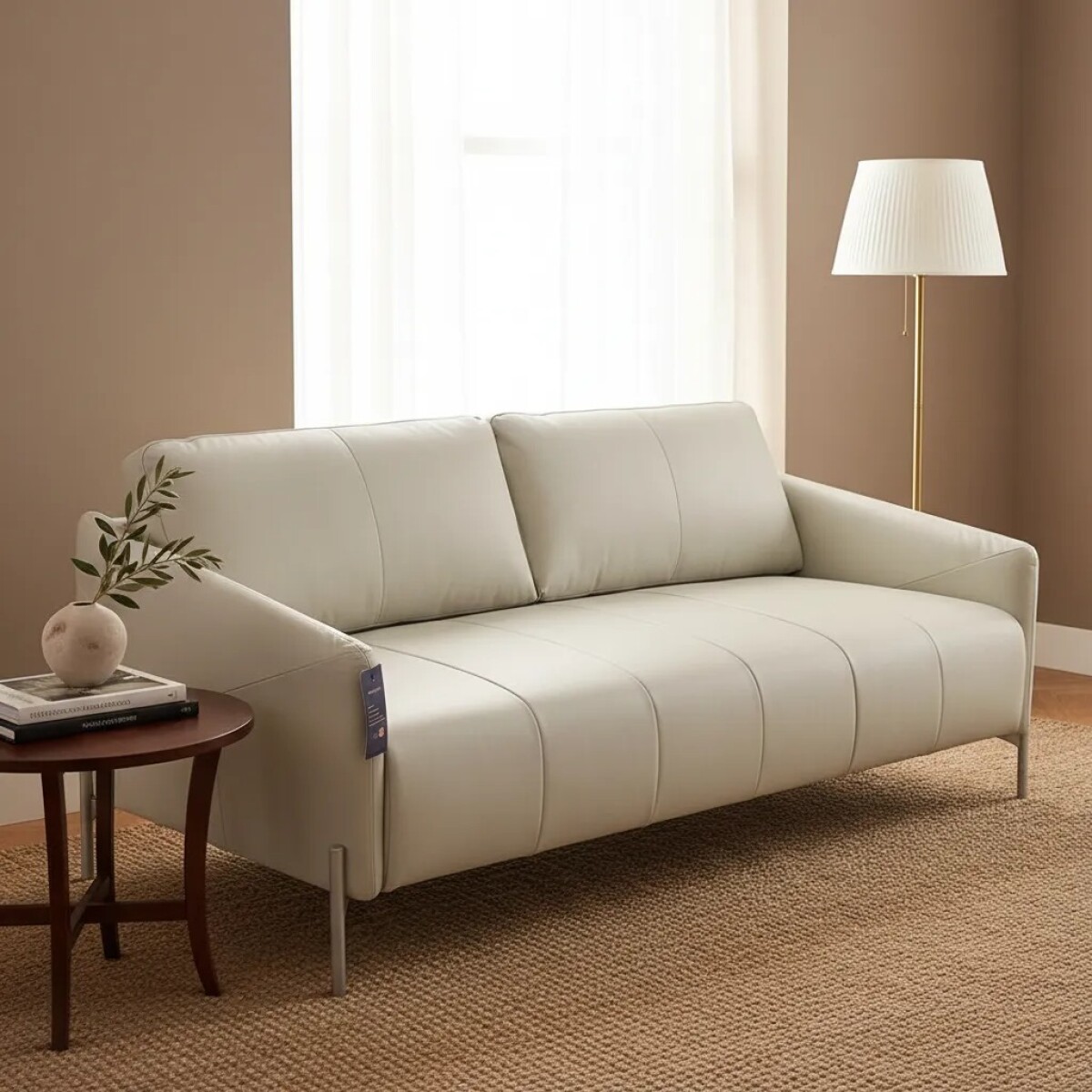 SOFA 2 CUERPOS - 100% CUERO - MODELO SANTIAGO - COLOR PERLA - PATAS CHAMPAGNE 