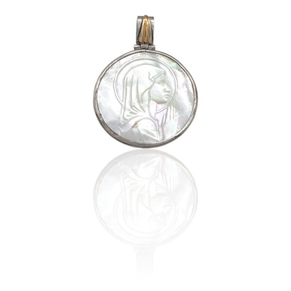 Dije Medalla Virgen Niña-Plata 925 y Oro-Con Piedra Nacar-CP5206 conpiedra