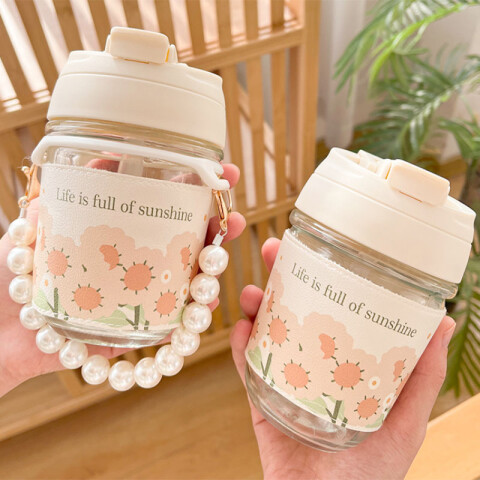 Vaso de vidrio c/sorbito y agarre de perlas 350ml Vaso De Vidrio C/sorbito Y Agarre De Perlas 350ml