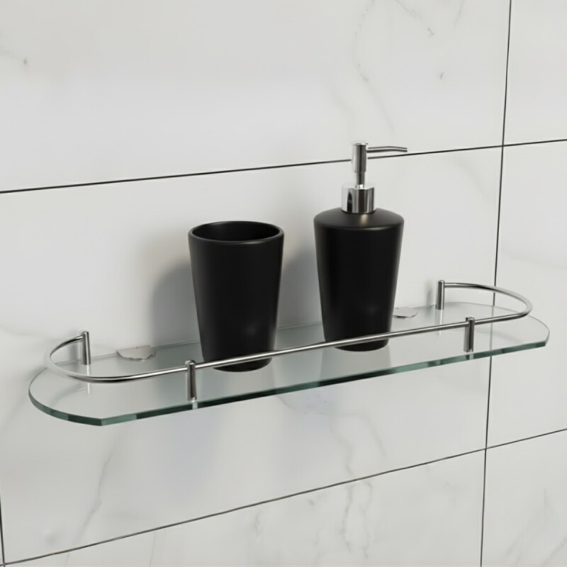 Estante de vidrio con baranda cromada TRANSPARENTE