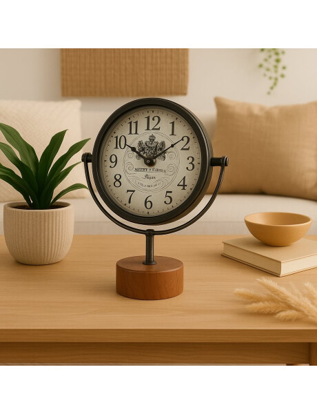 RELOJ DE MESA HIERRO D19X25X9CM BASE MADERA RELOJ DE MESA HIERRO D19X25X9CM BASE MADERA
