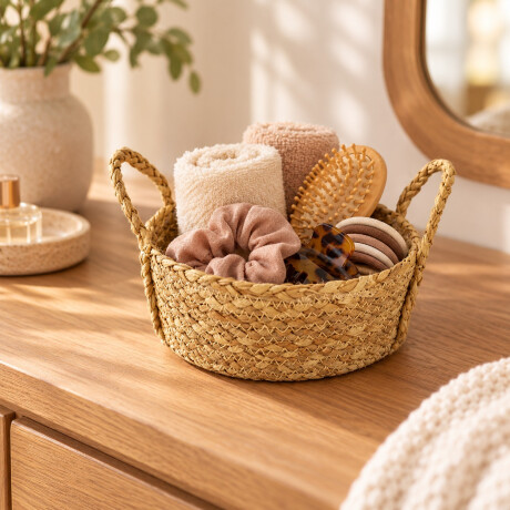 Canasto Organizador Redondo de Fibra Natural con Asas 18 x 8 cm Canasto Organizador Redondo de Fibra Natural con Asas 18 x 8 cm