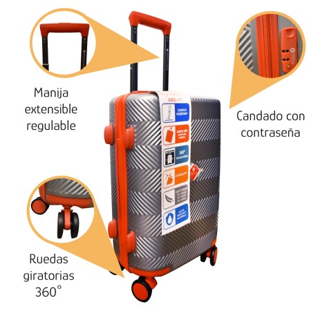 Valija Grande Rígida 4 Ruedas 360° Candado Manija Regulable Gris Claro/rojo