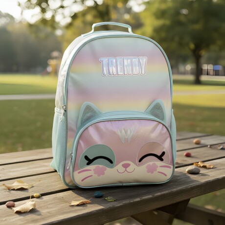 Mochila Escolar Trendy diseño Gatito Verde Agua