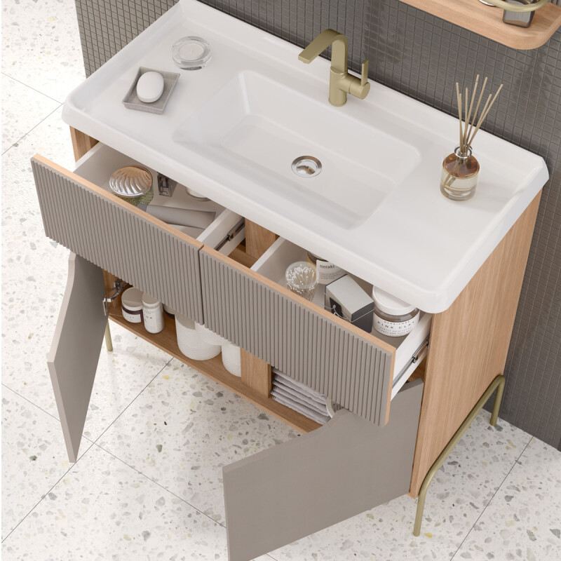 MUEBLE DE BAÑO LEBLON 80CM CON BOTIQUIN MADERA CON GRIS Mueble De Baño Leblon 80cm Con Botiquin Madera Con Gris
