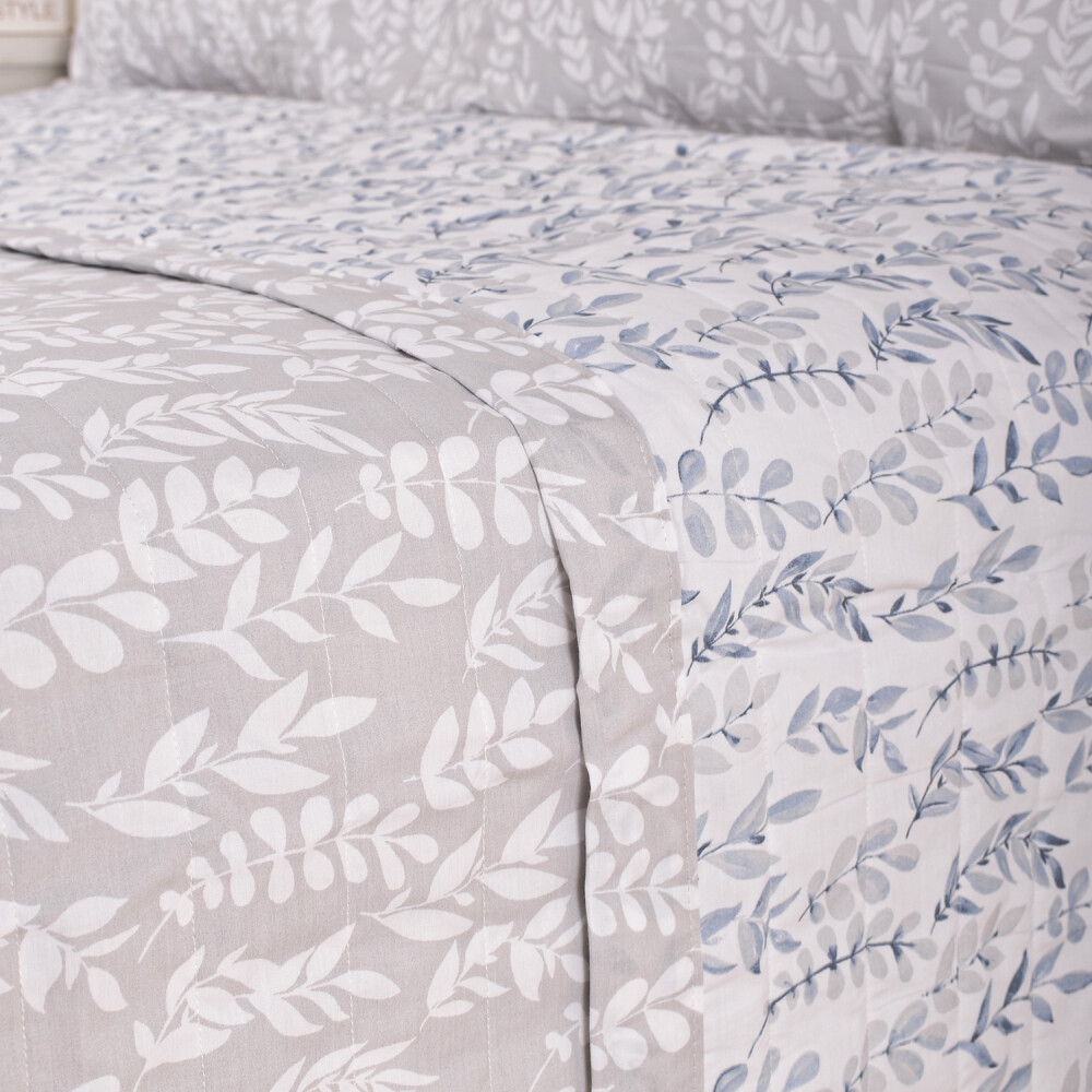 Cubrecama Amelia Hoja Azul y Beige King - Super King