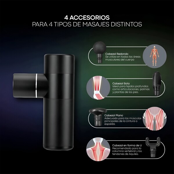 Masajeador Corporal Pistola Gun Portatil Pro 4 Cabezales Pro Variante Color Negro
