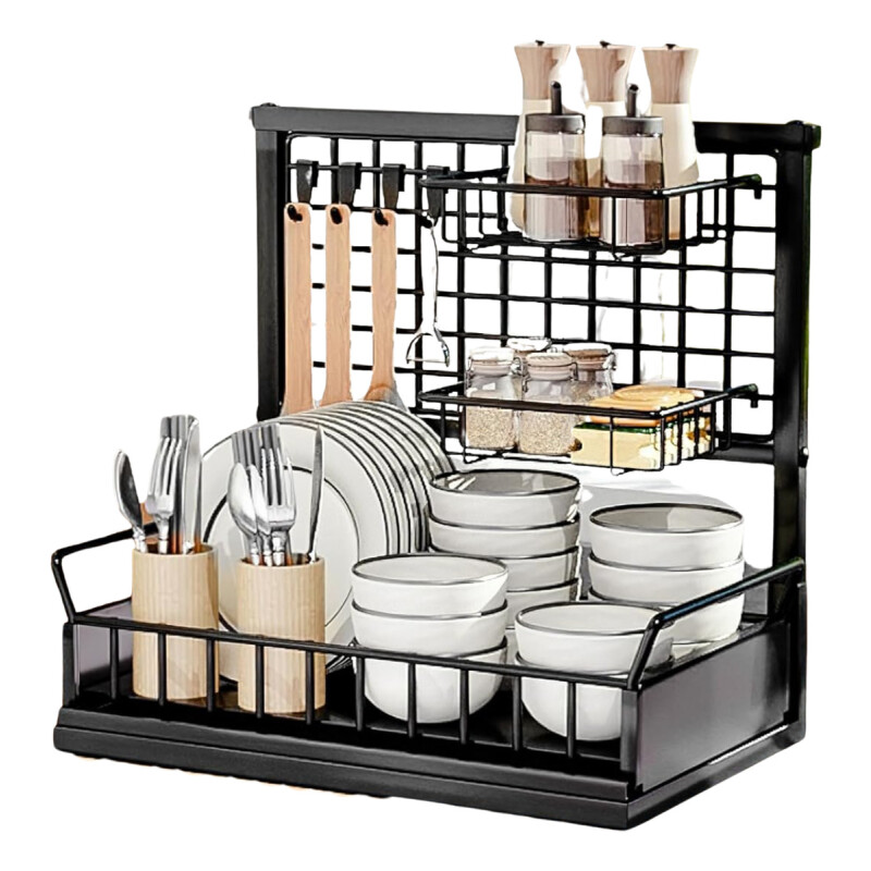 Escurridor Organizador De Platos Cocina Bandeja Extraible Negro