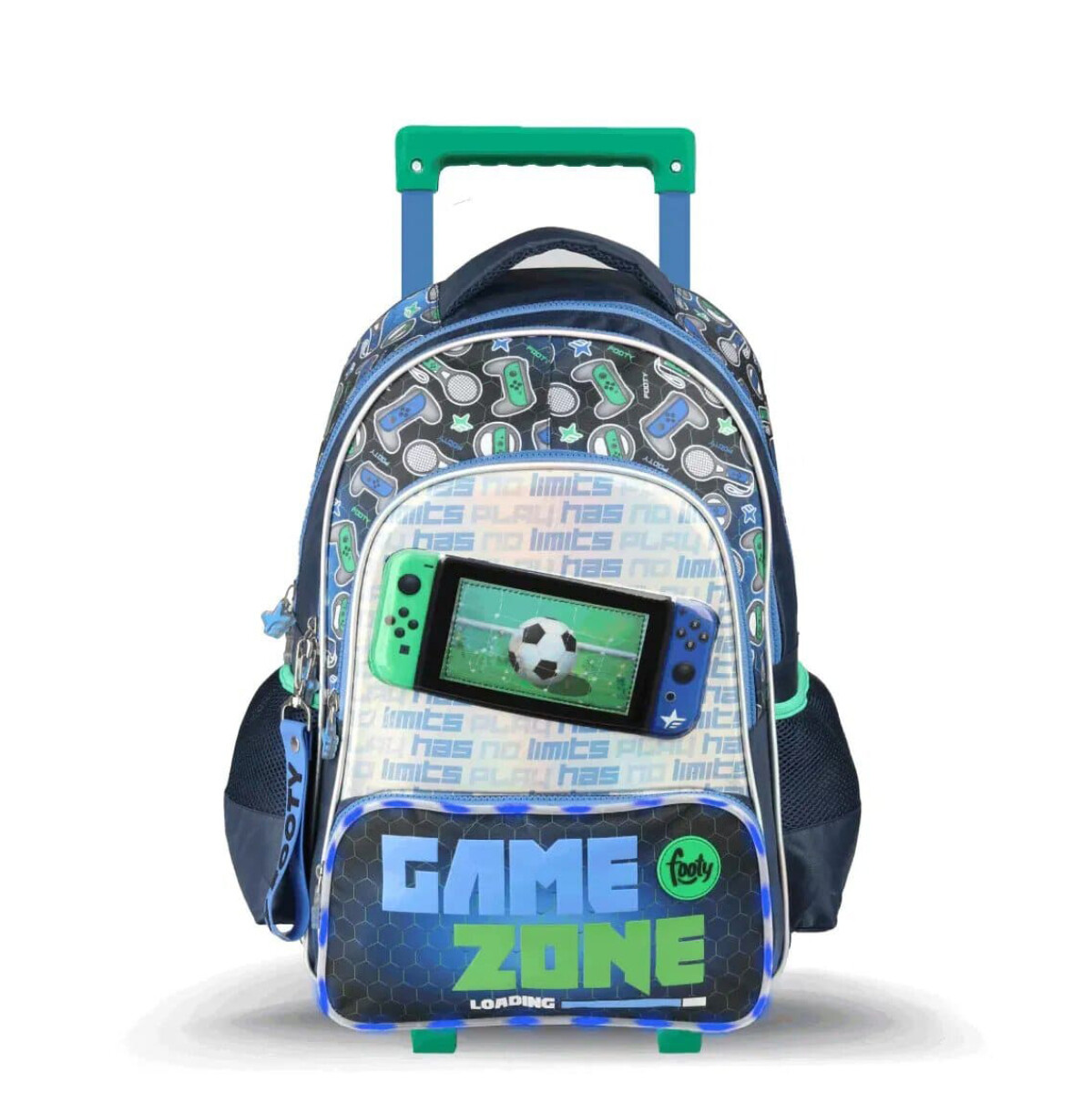 Mochila Footy Game Zone 18" con Carro y Led - Azul - Amarillo 