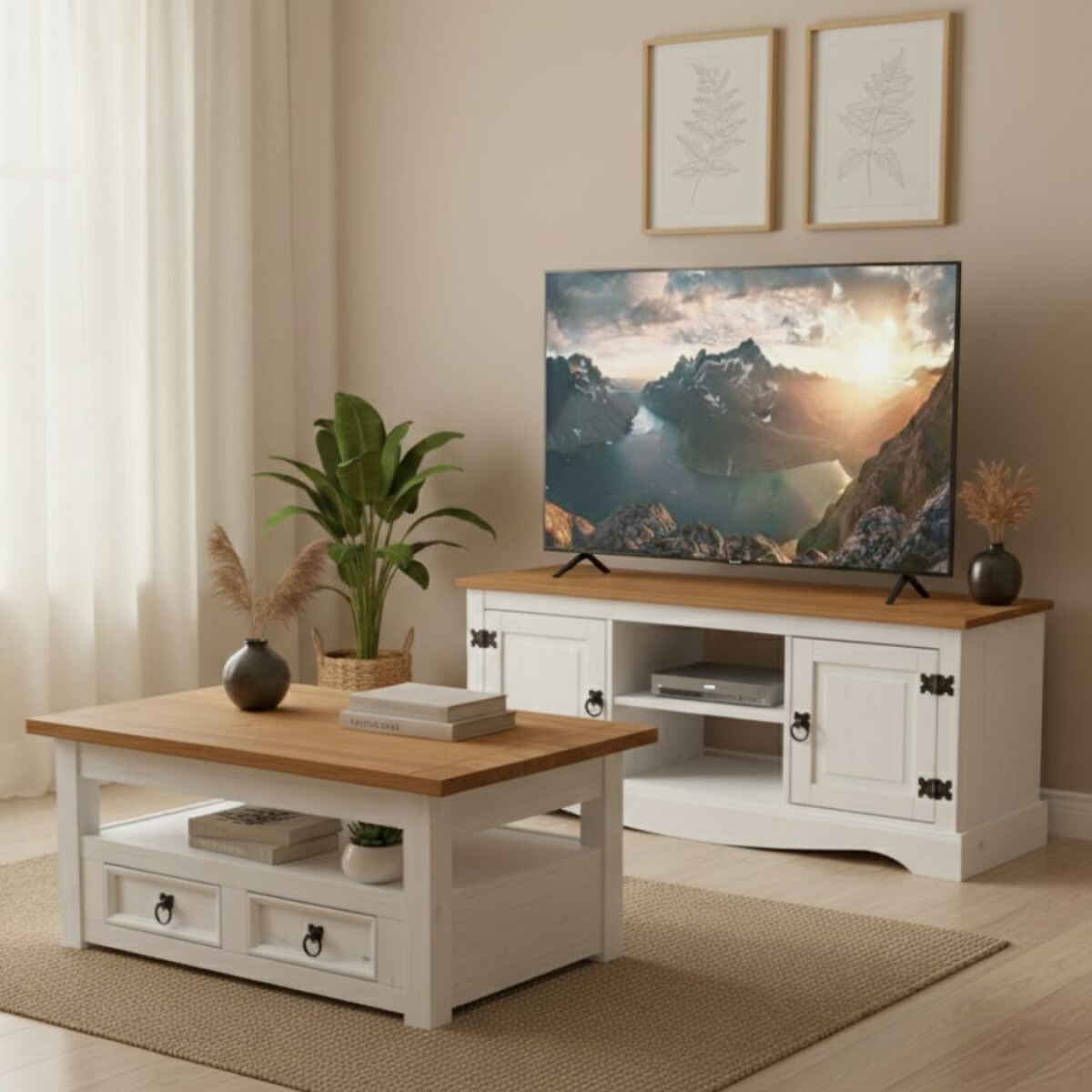 Promo Rack de Tv + Mesa Ratona Articulada Linea Naturale - Blanco/Roble 