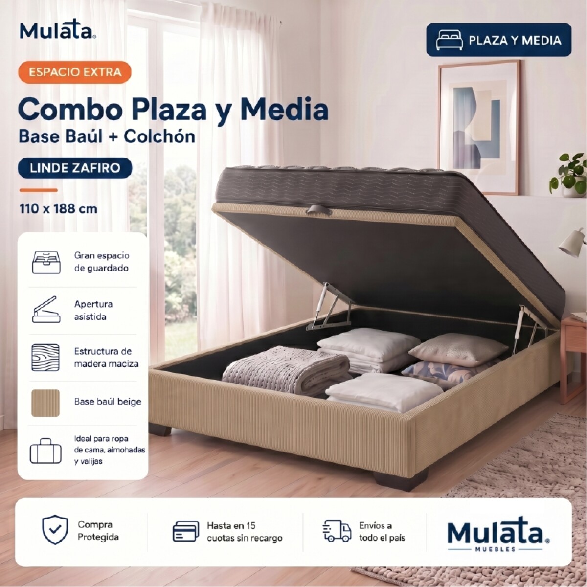 Sommier Baúl 2Plaza Y Media Beige con Colchón Linde Zafiro 110 x 190 Firme 