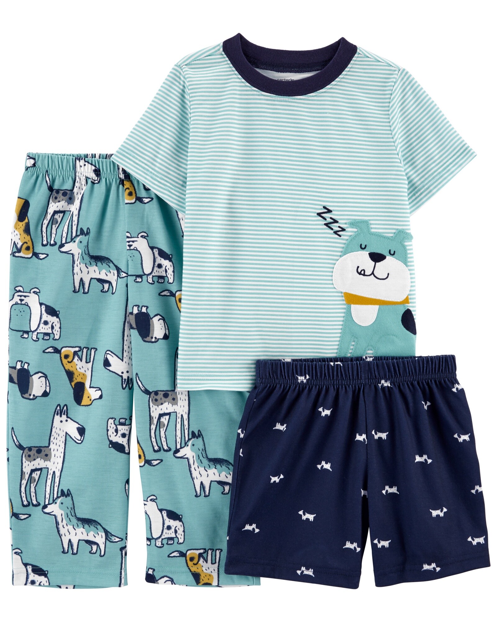 Pijama tres piezas short, pantalón y remera de algodón Sin color
