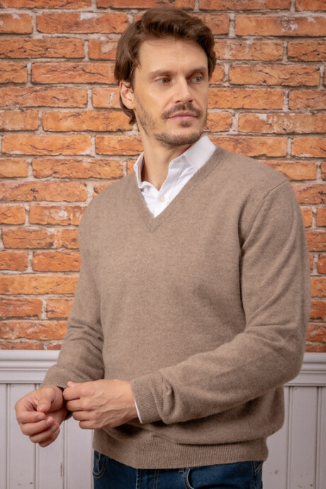 Sweater escote v cashmere Dark Camel