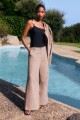 Pantalon wide leg lino con tajos chocolate melange