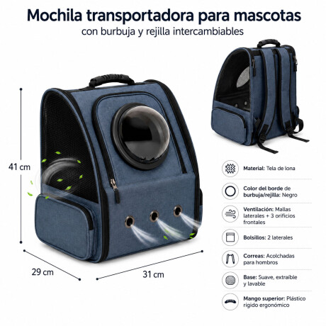 Mochila Transportadora De Mascotas Capsula + Rejilla + Base Azul