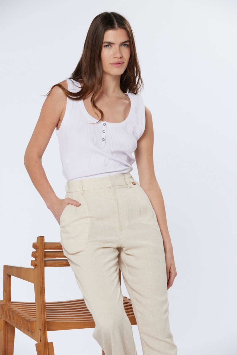 PANTALÓN DE LINO CON MEDIA CINTURA ELASTIZADA - Beige 