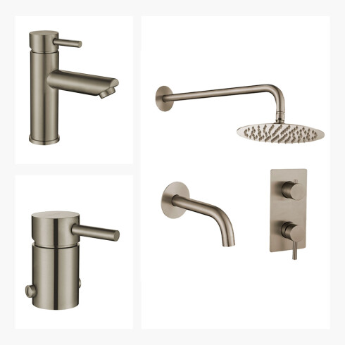 JUEGO DE GRIFERIA BRUSH NICKEL DUCHA EMBUTIDA LAVATORIO BAJO Y BIDET GRIS-BRUSHED NICKEL