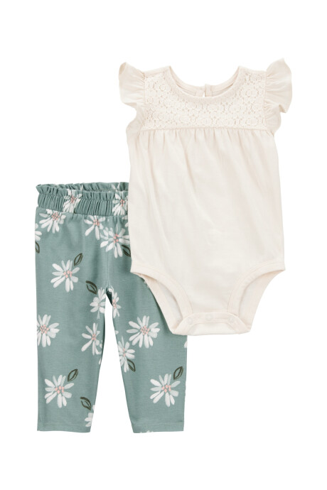 Set dos piezas de algodón, pantalón y body con encaje, diseño floral Sin color